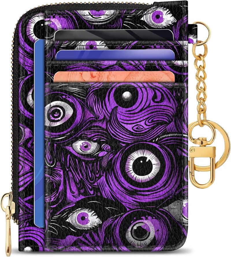 GIANCOMICS Slim Wallet Credit Card Holder Women, Evil Eye Rfid Blocking Small Card Case, Keychain Thin Pocket Curved Zipper Wallet, Travel Card Holder PU Leather ID Window, Ladies Female Gifts - Image 1